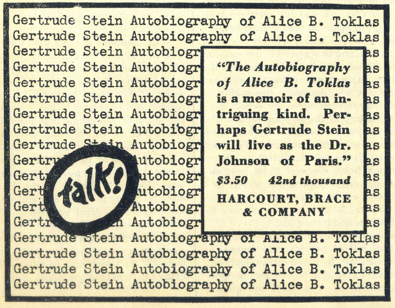 A 1934 advertisement for The Autobiography of Alice B. Toklas