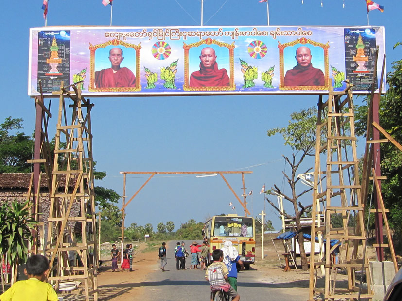Gate to Myang Gyi Ngu monastic community, Karen State. BGF guards control visitors for guns, drugs, alcohol and meat. DKBA has been ousted from the place. U Thuzana’s photo is in the middle (Photo courtesy of Mikael Gravers).